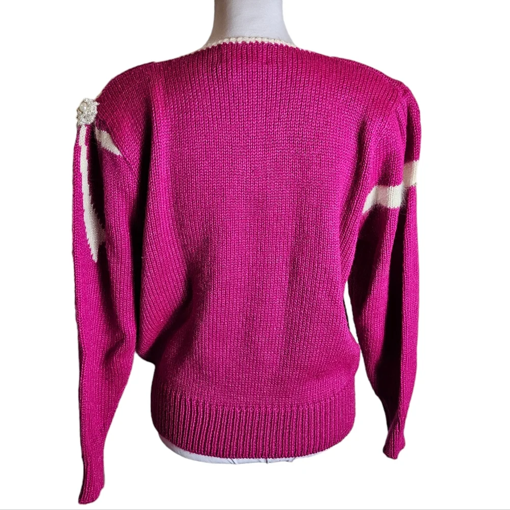 Vintage Jaclyn Smith Hot Pink White Bow Sweater Sz L Pearl Bead Granny Coquette - Picture 5 of 16